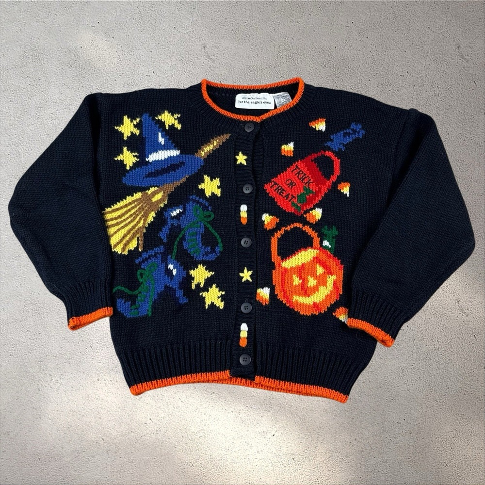 Vtg Alexandra Bartlett Eagles Eye Halloween Knit Cardigan Sweater Sz M